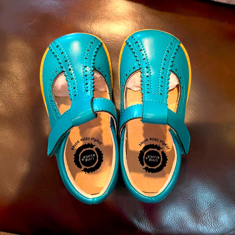 These whimsical Mary Jane shoes are turquoise and fit a 6 year old. Lightweight